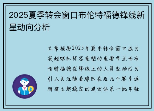 2025夏季转会窗口布伦特福德锋线新星动向分析 2025夏季转会窗口布伦特福德锋线新星动向分析